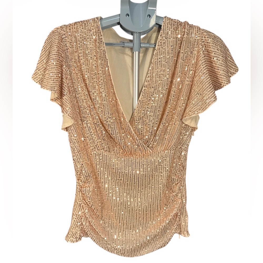 Grace Karin Golden Rose Sequin V-Neck Flutter Sleeve Top